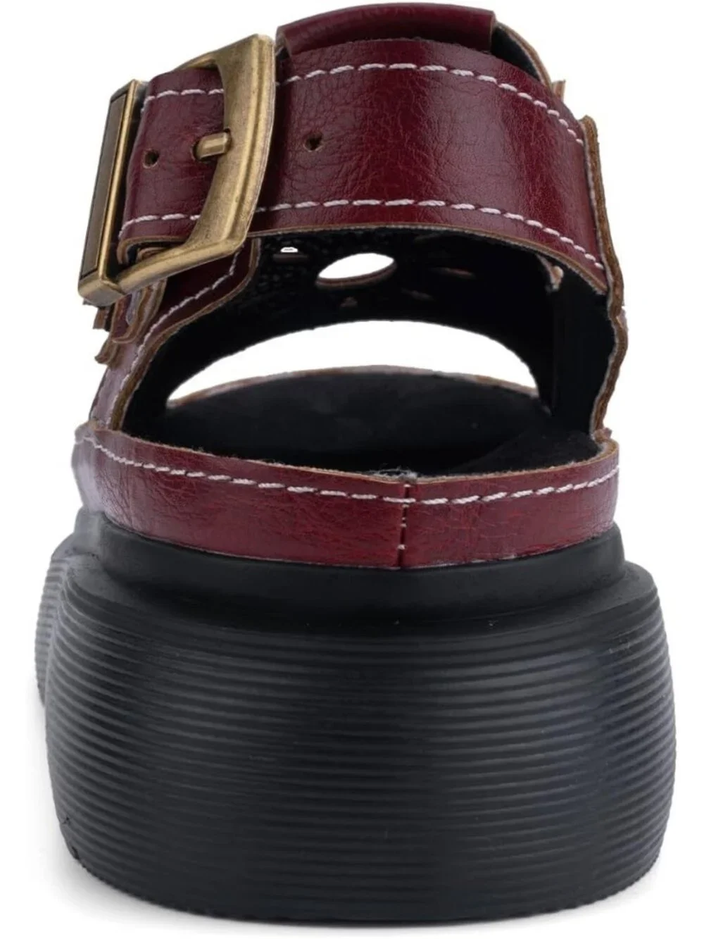 Women's Burgundy Flat Open Toe Flower Decoration Fisherman Platform Sandal Shoes